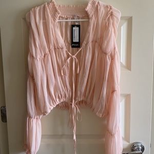 Sheer ruched sleeve tie front blouse